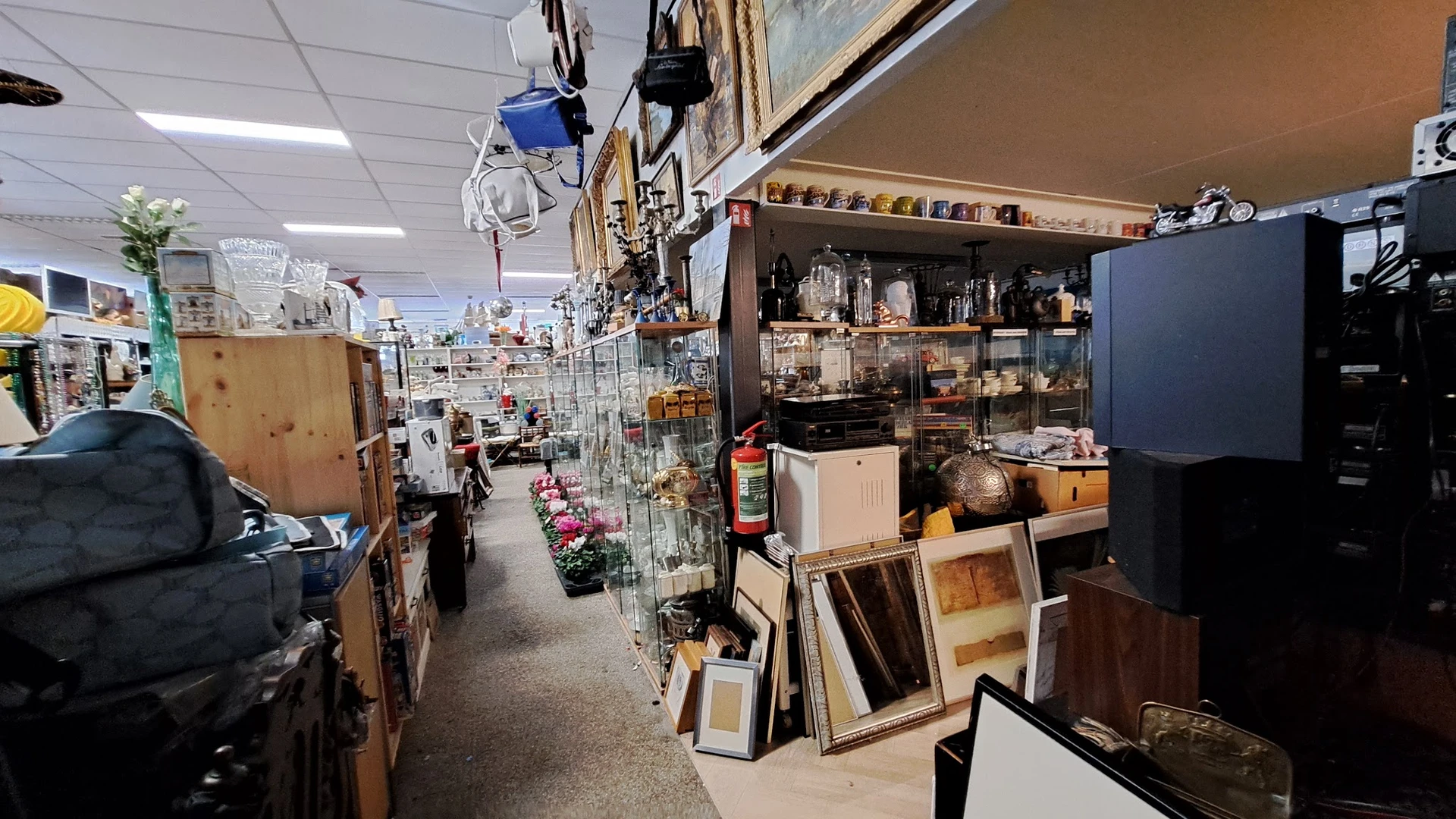 Winkelvloer van kringloopwinkel met stellingen, diverse koopwaar, hanglampen en kasten met spullen