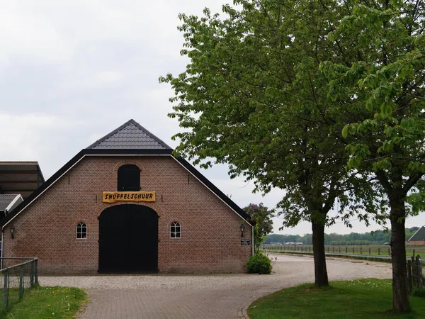 Rode bakstenen schuur met gevel en grote open deuropening, naast bomen en grasveld