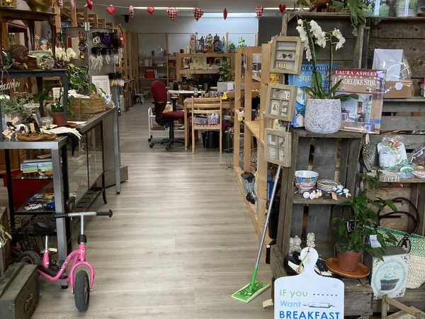 Overzicht van een kringloopwinkel met houten vloer, stellingen met diverse spullen, decoraties en een breakfast-bord rechtsvo