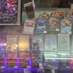 Vitrinekast met verzameling Pokemon-kaarten in hoezen, waaronder zeldzame en glimmende kaarten