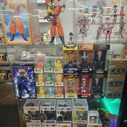 Glasvitrine met verzameling speelfiguren, actiefiguren en collectibles uit anime en manga series, waaronder Dragon Ball en Ki