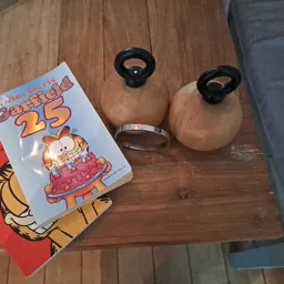 Twee houten vazen met zwarte handvaten en Garfield-boeken op houten tafel