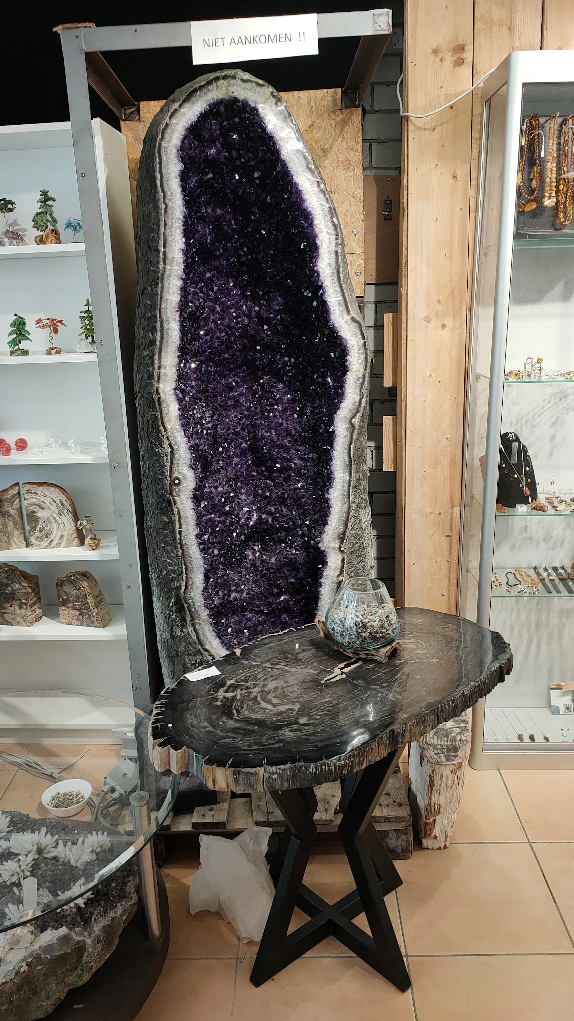 Grote open amethist geode met paarse kristallen op zwart stenen tafel, omgeven door winkelrekken met mineralen