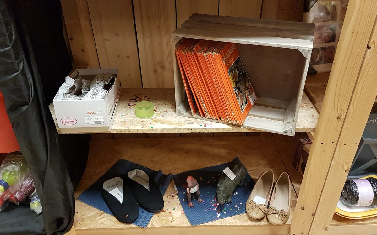 Houten kast met verschillende spullen: dozen, boeken, schoenen en diversen op twee schappen