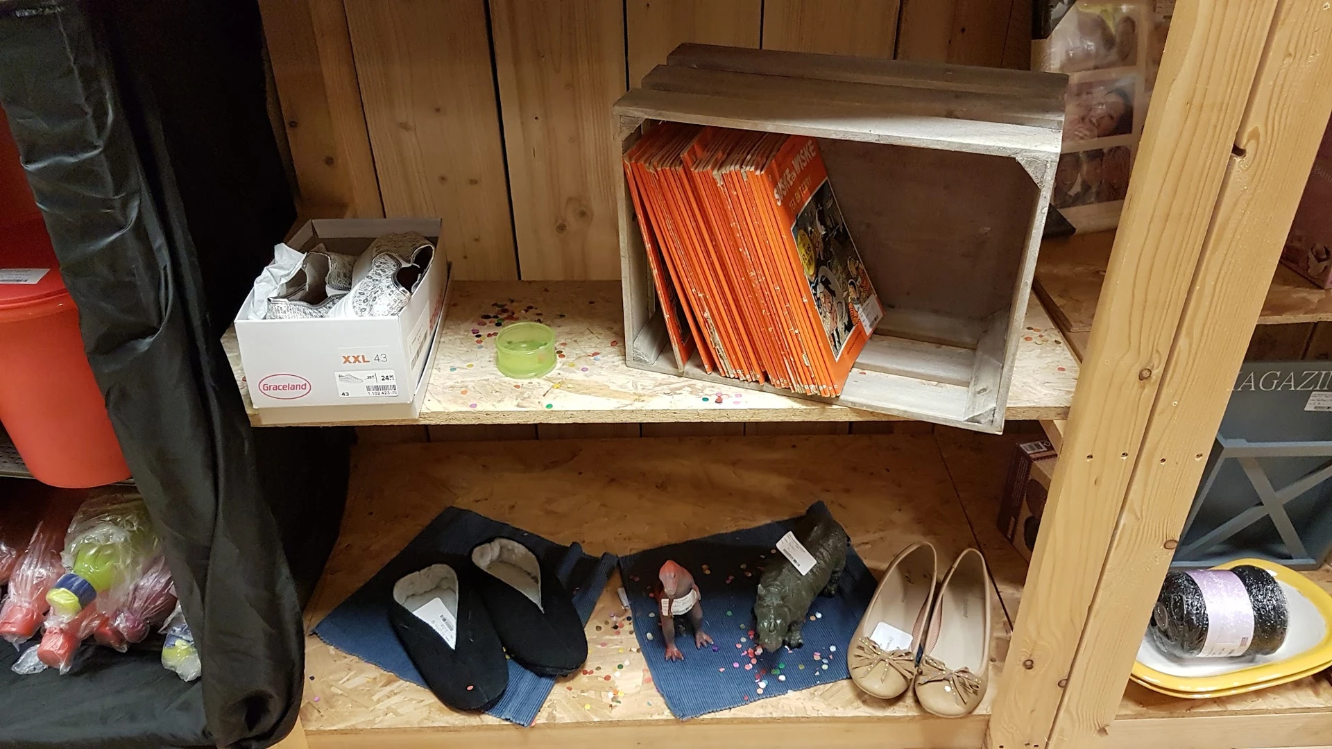 Houten kast met verschillende spullen: dozen, boeken, schoenen en diversen op twee schappen