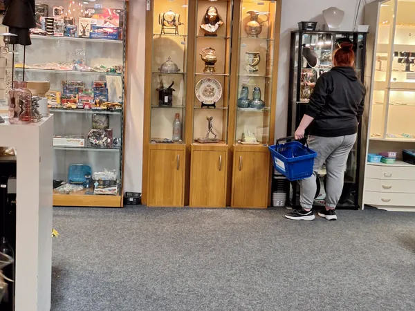 Winkelbinnenruimte met glazen vitrines vol collectibles, beeldjes en decoratieve items. Klant met blauwe winkelmandje kijkt n