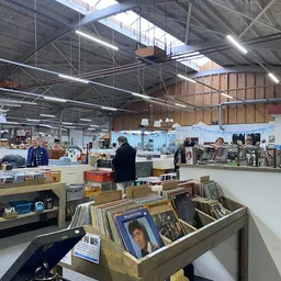 Overzicht van de winkelvloer met toonbanken, stellingen met schalleplaten en media, LED-verlichting en bezoekers