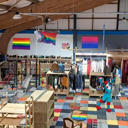 Ruim winkelinterieur met kleding op hangers, regenboogvlaggen, gekleurde vloer en houten balken