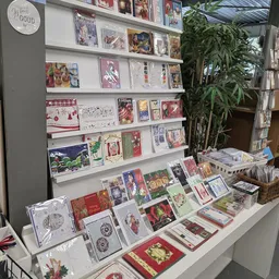 Uitstalling van kerstkaarten en seizoenswaar op planken en toonbank in kringloopwinkel