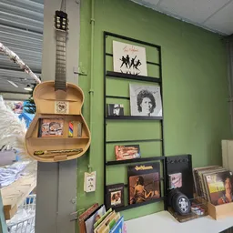 Gitaar-vormige wandplank met verzameling vinylplaten, cd's en muziekposters op groene muur