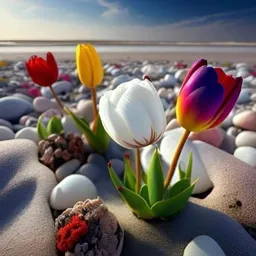 Gekleurde tulpen op stenen ondergrond in digitale kunstafbeelding