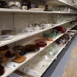 Stellingen met servies, glazen en huishoudartikelen in de kringloopwinkel