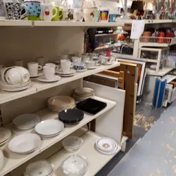 Schappen met wit serviesgoed, borden, kopjes en schotels in een kringloopwinkel