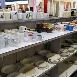 Uitgestalde servies, borden, kopjes en andere huishoudelijke artikelen op schappen en toonbanken in de winkel