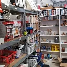 Winkelbinnenzicht met stellingen vol dvd's, boeken en huishoudelijke spullen, rood en blauw winkelwagentjes