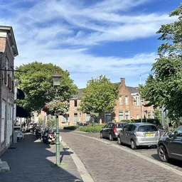 Dorpsstraat in Nootdorp met bakstenen huizen, geparkeerde auto's en bomen