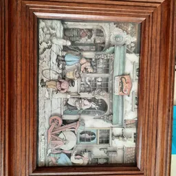Geïllustreerd bord met vintage afbeelding van keukenscène met vrouwen