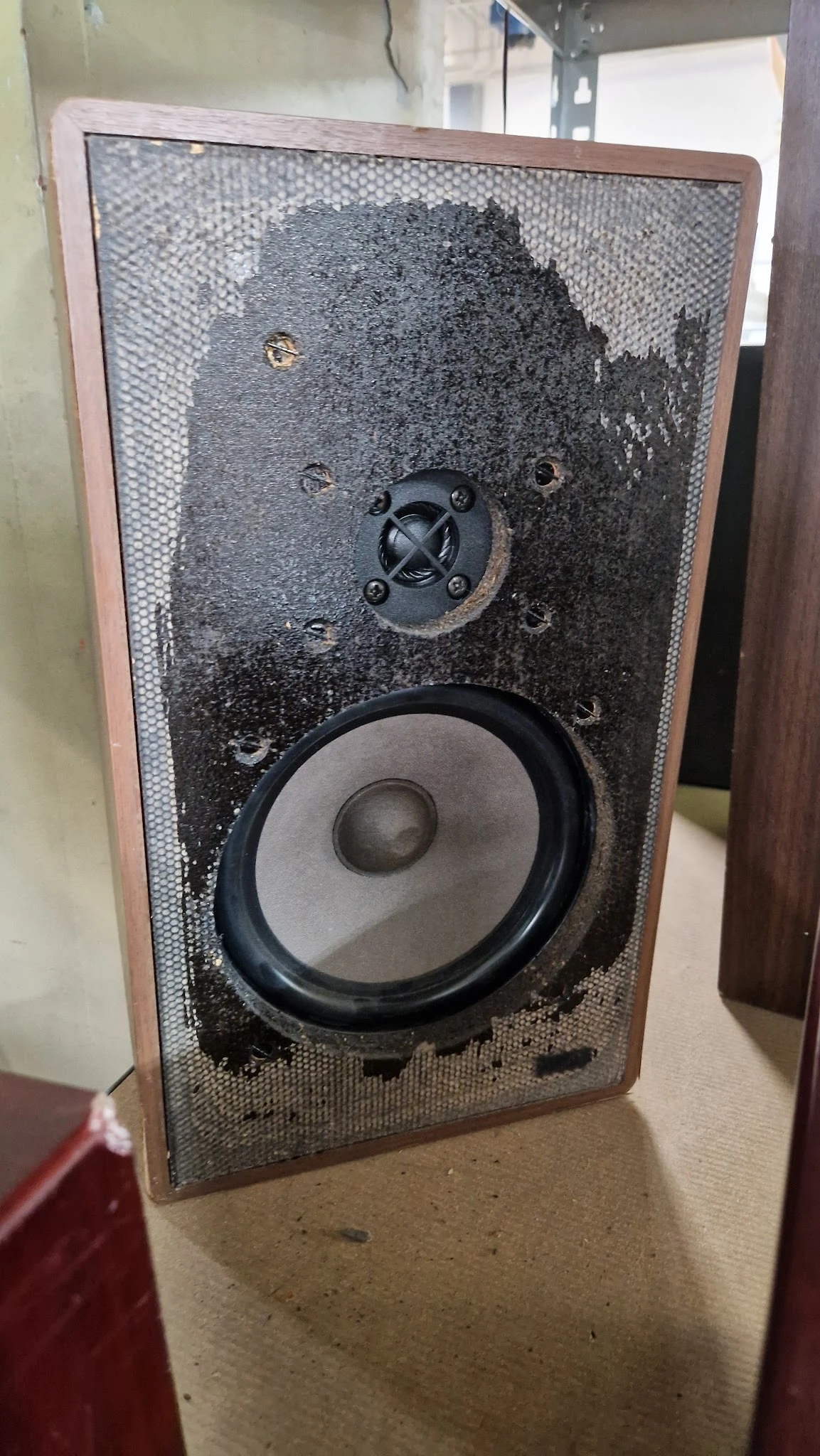 Tweedehands luidspreker met grote woofer en tweeter, vuil en stofig