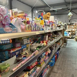 Speelgoed en verzamelaars items op planken, waaronder poppen, knuffeldieren en vintage doos speelgoed