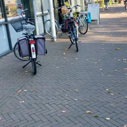 Fietsen met tassen geparkeerd op een bakstenen plein buiten