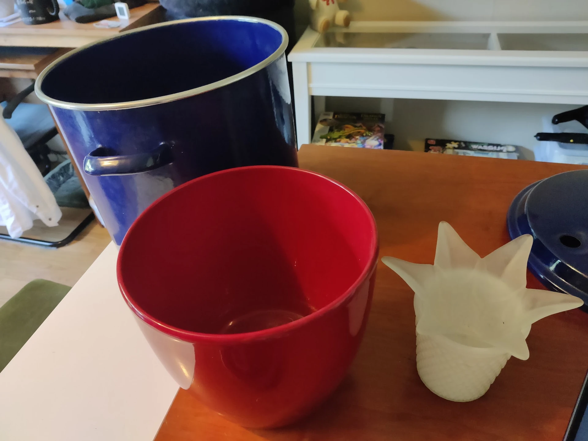 Twee plastic emmers (blauw en rood) en een wit plastic object op een tafel