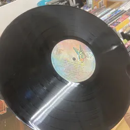 Zwarte vinyl LP-plaat met lichtblauwe labelzijde tegen donkere achtergrond