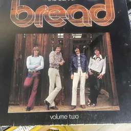 Albumhoes met vier mannen in 1970s-kleding tegen houten deur