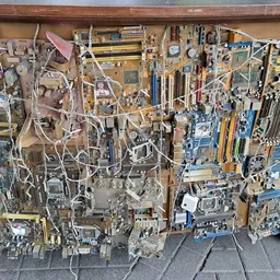 Verschillende elektronische componenten, printplaten en onderdelen uitgestald op houten pegboards