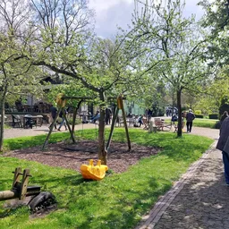 Groen park met bomen, wandelpaden en bezoekers op een zonnige dag