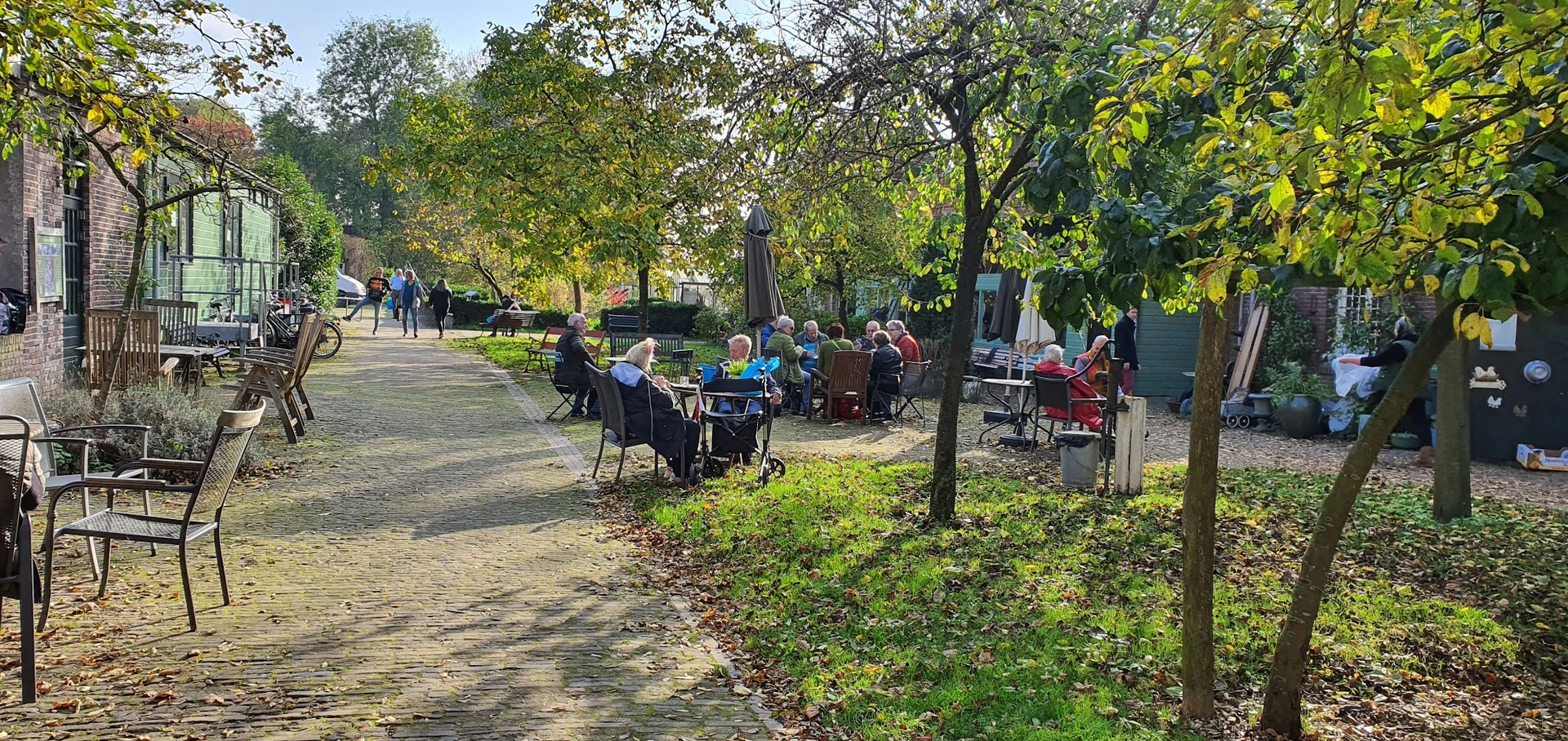 Mensen zitten onder bomen in een parkachtige omgeving met banken en stoelen