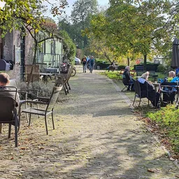 Bezoekers zitten aan tafels op een terras onder grote bomen in een groen park