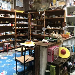 Interieur van kringloopwinkel met houten stellingen vol servies, keramiek en huishoudartikelen, tafel in midden, decorstukken