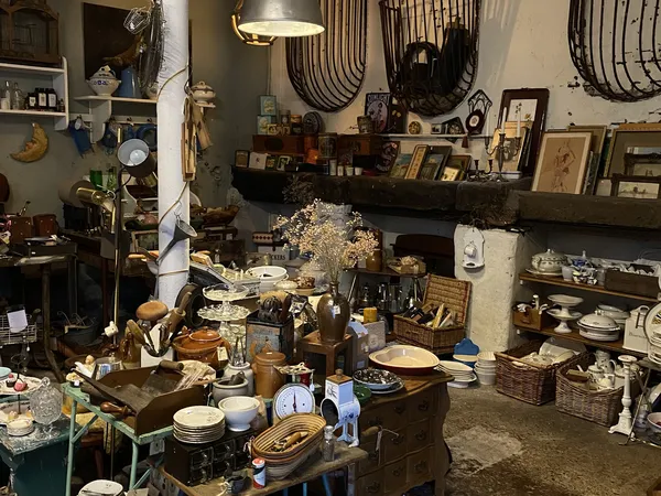 Overzicht van kringloopwinkel met diverse tweedehands spullen, servies, lampen en decoratie op tafels en stellingen