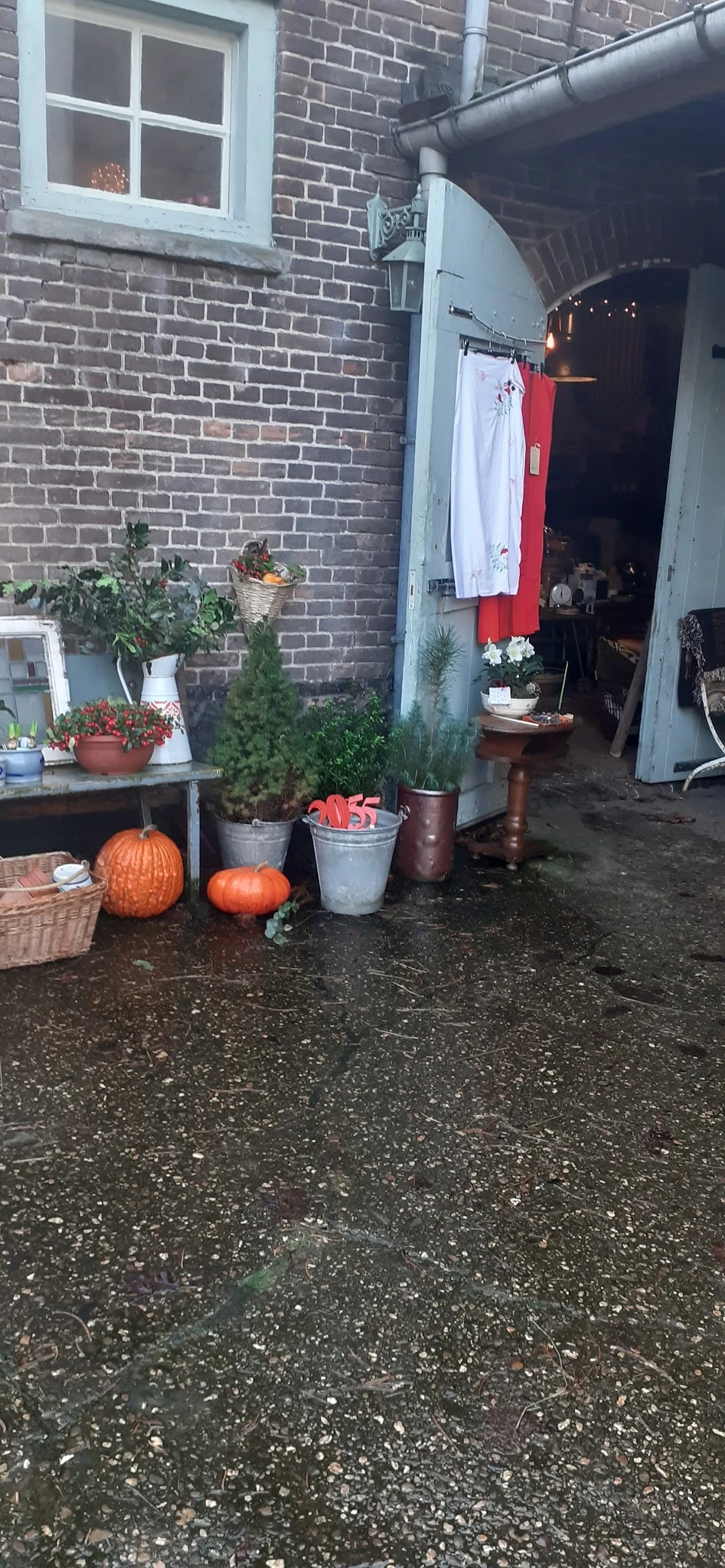 Buiten uitgestalde seizoensartikelen: pompoenen, potplanten, bloemen en decoratieve items