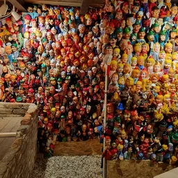 Uitgebreide verzameling vintage poppen en speelgoed aan wanden en plafond in de winkel
