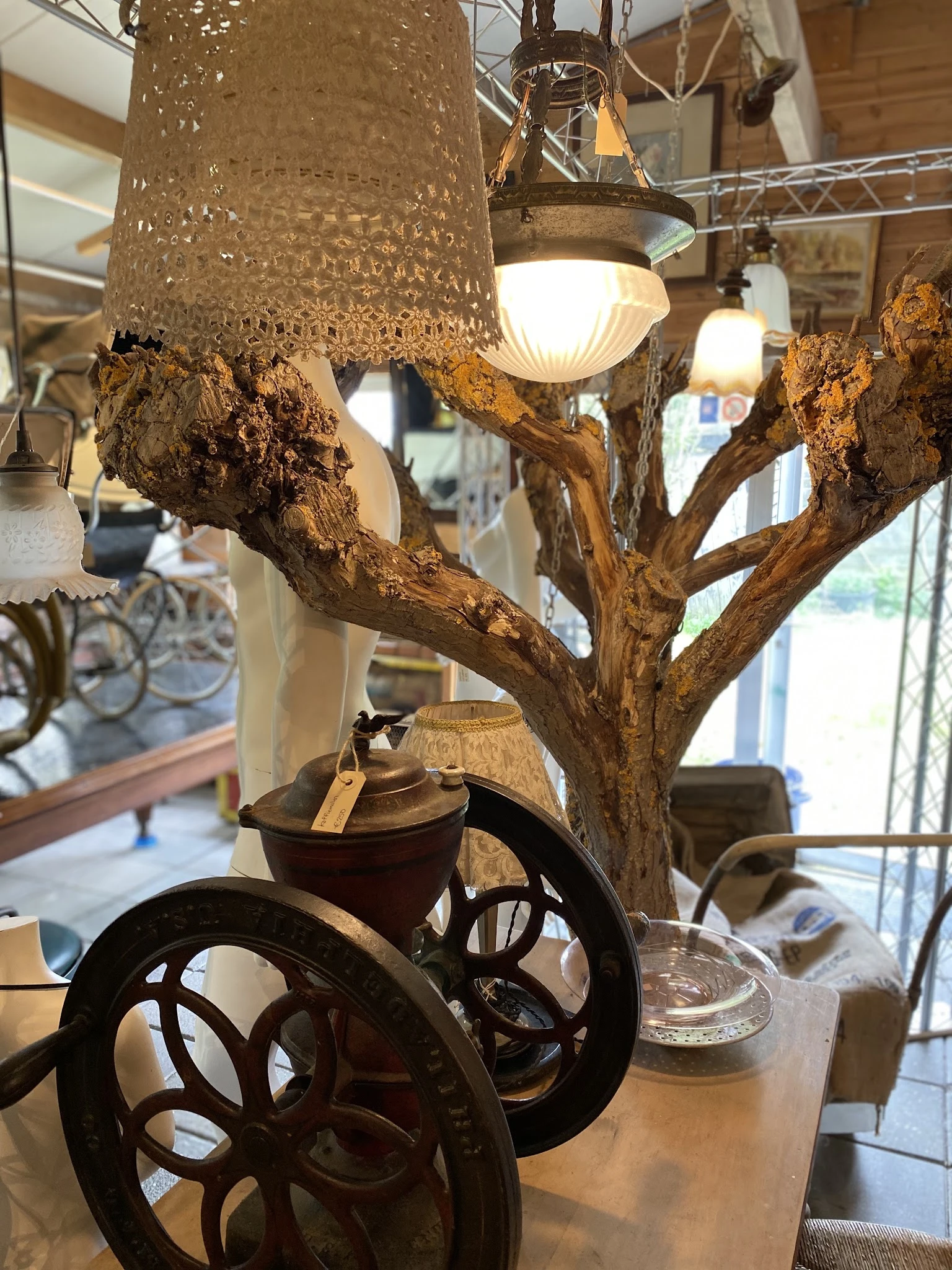 Vintage houten boom-sculptuur met takken, versierd met hanglampen en decoratieve elementen in een winkelinterieur