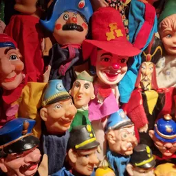 Verzameling vintage speelgoedpoppen en maskers, waaronder clowns en figuren in kleurrijke kostuums