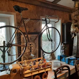 Winkelbinnenruimte met vintage fiets aan muur, houten stellingen met diverse antieke voorwerpen en speelgoed