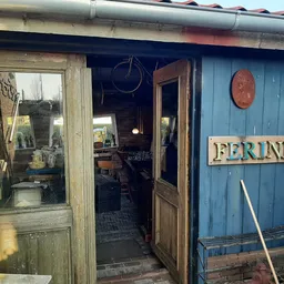 Ingang van vintage winkel Ferini met blauwe gevel, houten deuren en naam op bord