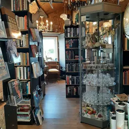 Winkelinterieur met boekenkasten, glazen displaykast met kristalglas, vintage decoratie en boeken langs de wanden