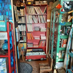 Winkelbinnenkant met boekenkasten, rode en groene stellingen vol met boeken, en decoratiestukken zoals een vintage busmodel