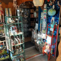 Winkelinterieur met groene en rode stellingen vol boeken, vintage items en decoraties aan muren
