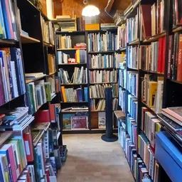 Gangetje tussen boekenkasten vol met cd's, dvd's en boeken in een tweedehands winkel