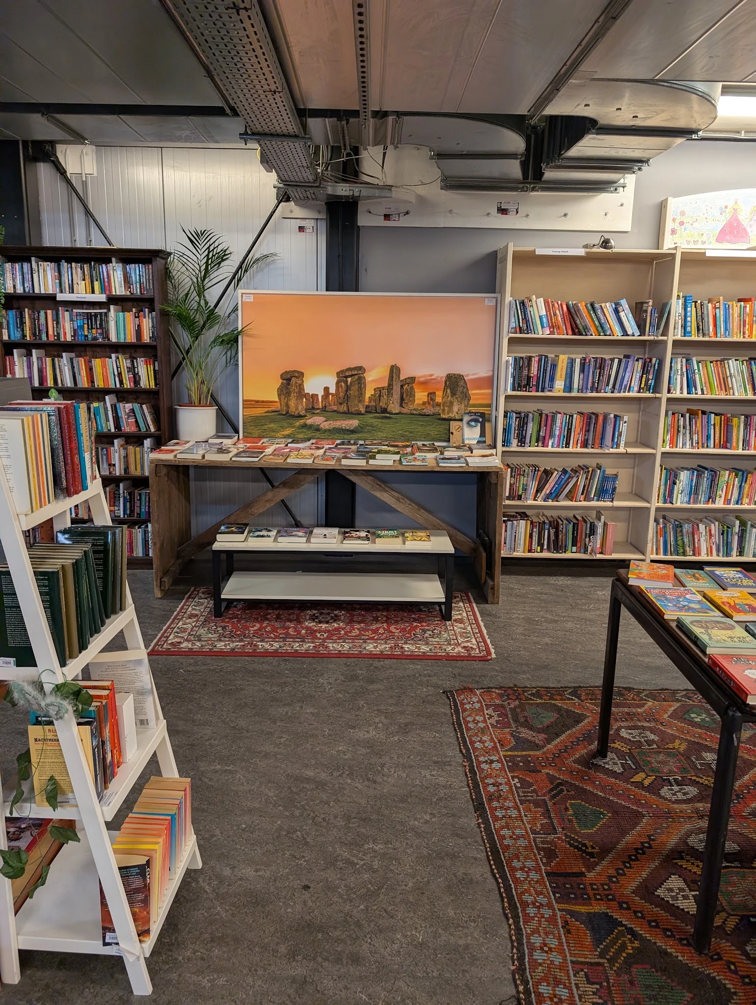 Boekenkast en leeshoek in een kringloopwinkel met boekenrekken, kunstwerk en zitgelegenheid