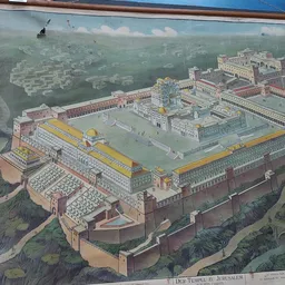Historische tekening van het Tempel in Jeruzalem, vogelvluchtperspectief
