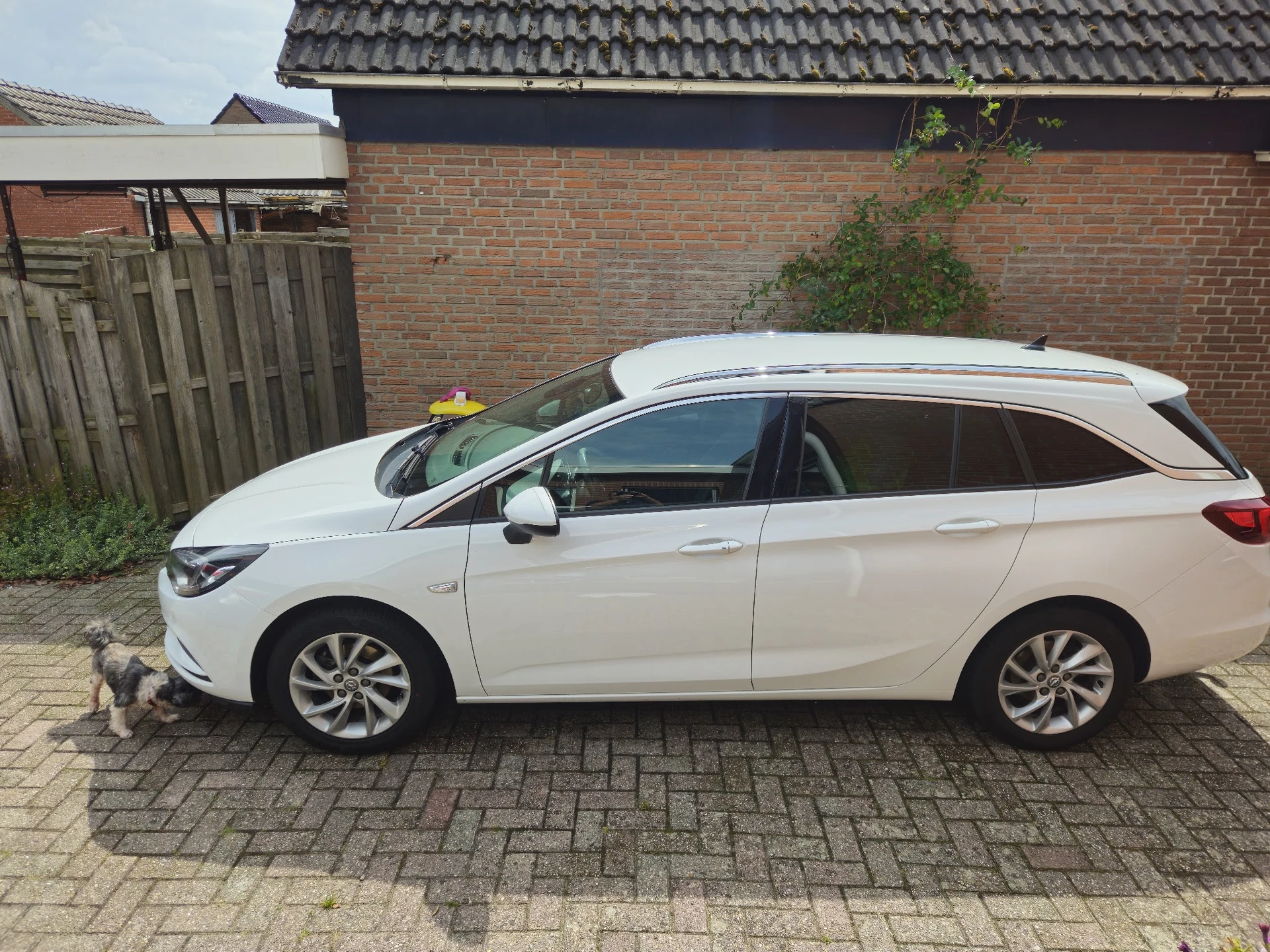 Witte stationwagen geparkeerd op oprit naast bakstenen garage