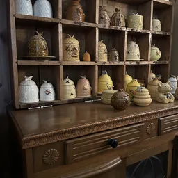 Houten kastje met vakken gevuld met diverse rieten en geweven bijenkorven en decoratieve items