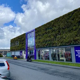 Moderne gevel van kringloopwinkel met groene plantenwand, paarse kozijnen en etalages met kleding