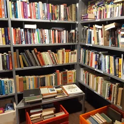 Boekenkasten vol met tweedehands boeken in verschillende genres en kleuren, met daaronder oranje bakken met extra boeken.