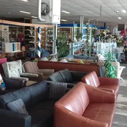 Zithoek met rode en grijze fauteuils, planten en kastjes met spullen in kringloopwinkel